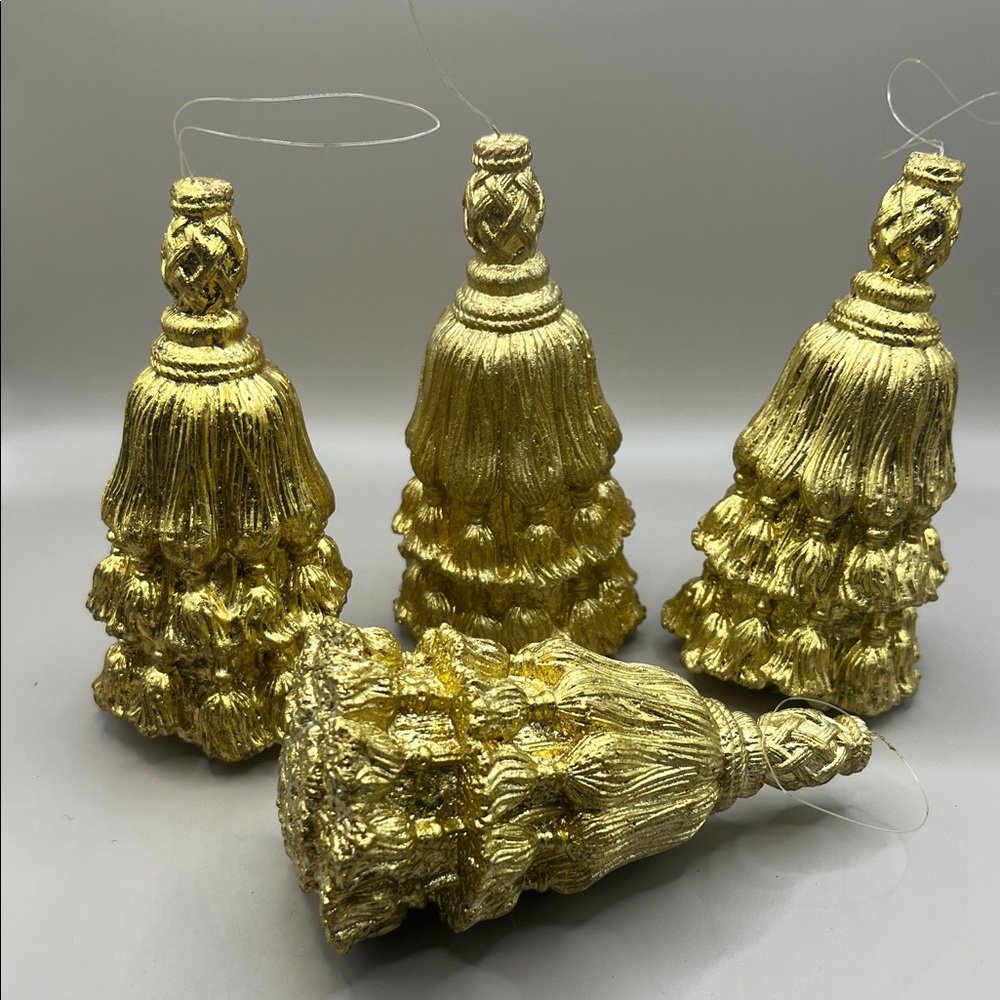 Gold Holiday Paper Mache Tassel Ornaments. Set of 4